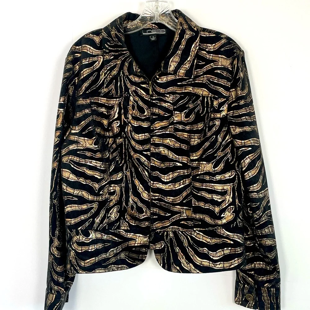 Vintage Linear Gold Black Shiny Tiger Stripe Geometric Zip Up Jacket